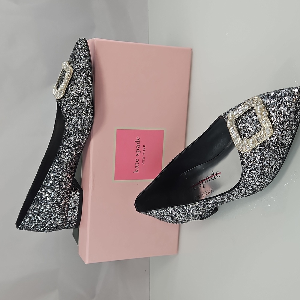 Kate Spade Silver Buckle Up Glitter Flats Size 38.5 - Picture 6 of 16